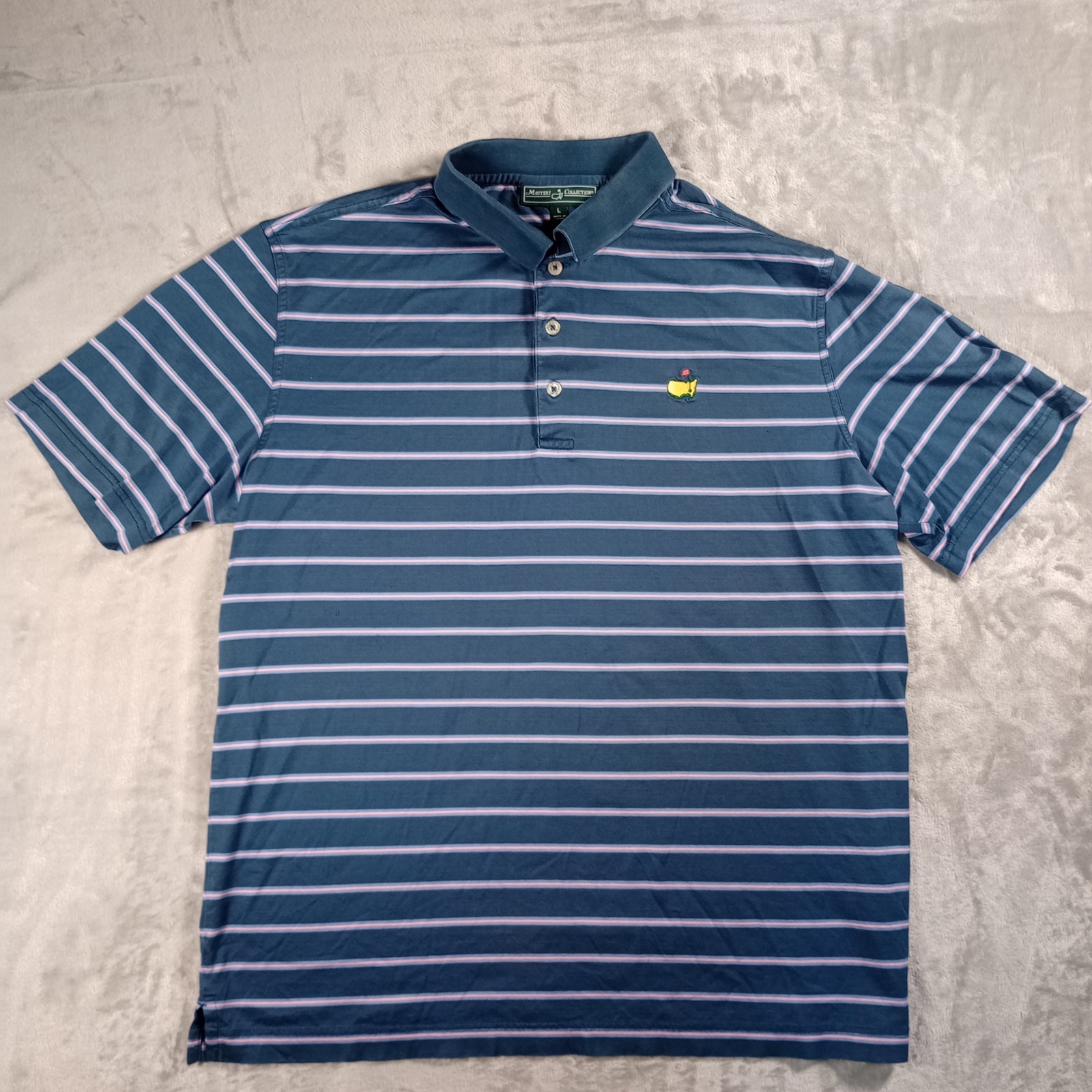 Masters Collection Polo Shirt Mens Large Navy Blue Striped Logo Golf Tournament